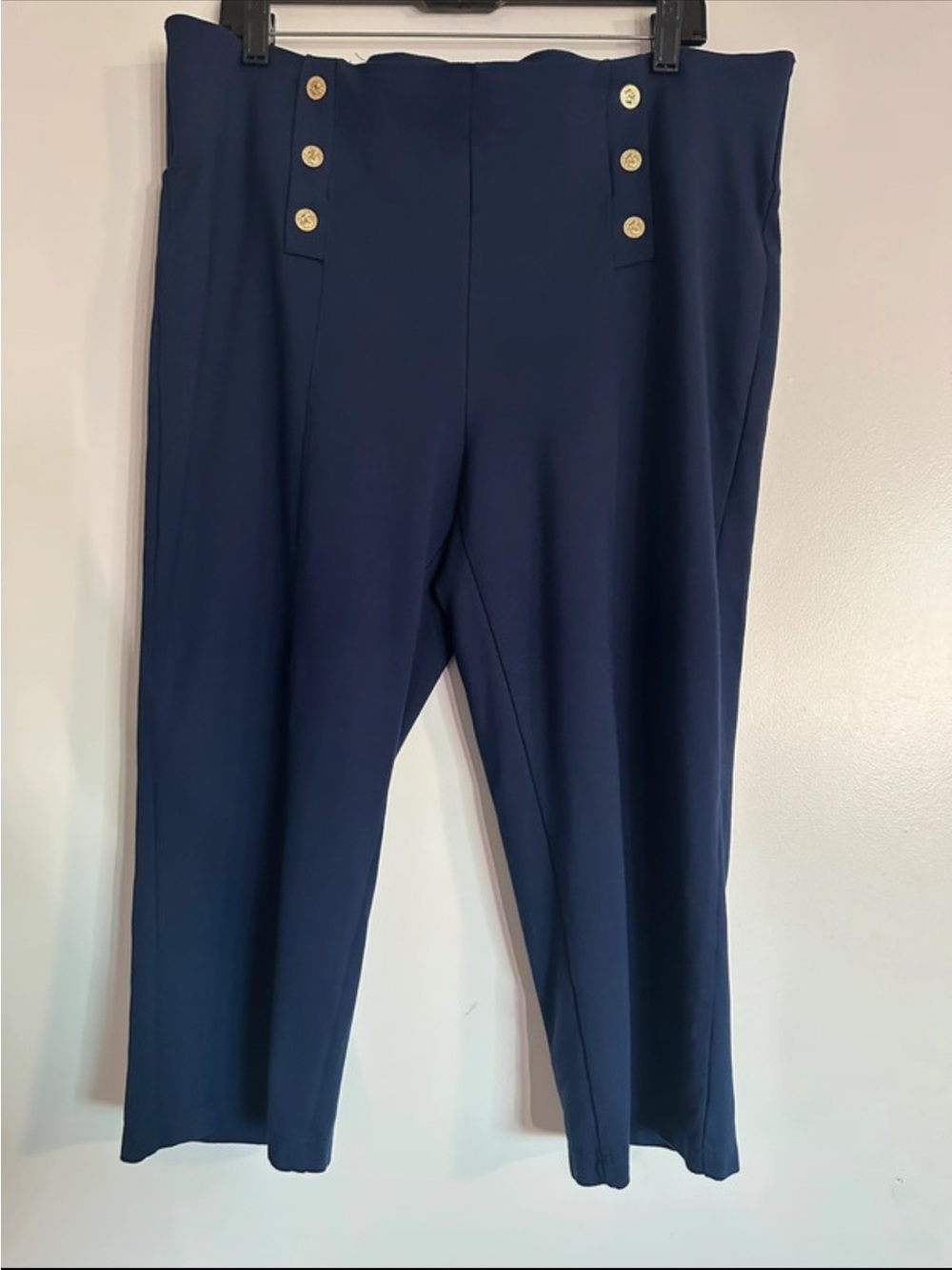 Nygard Slims High-Waist Navy Ponte Pants with Gold Button Detail